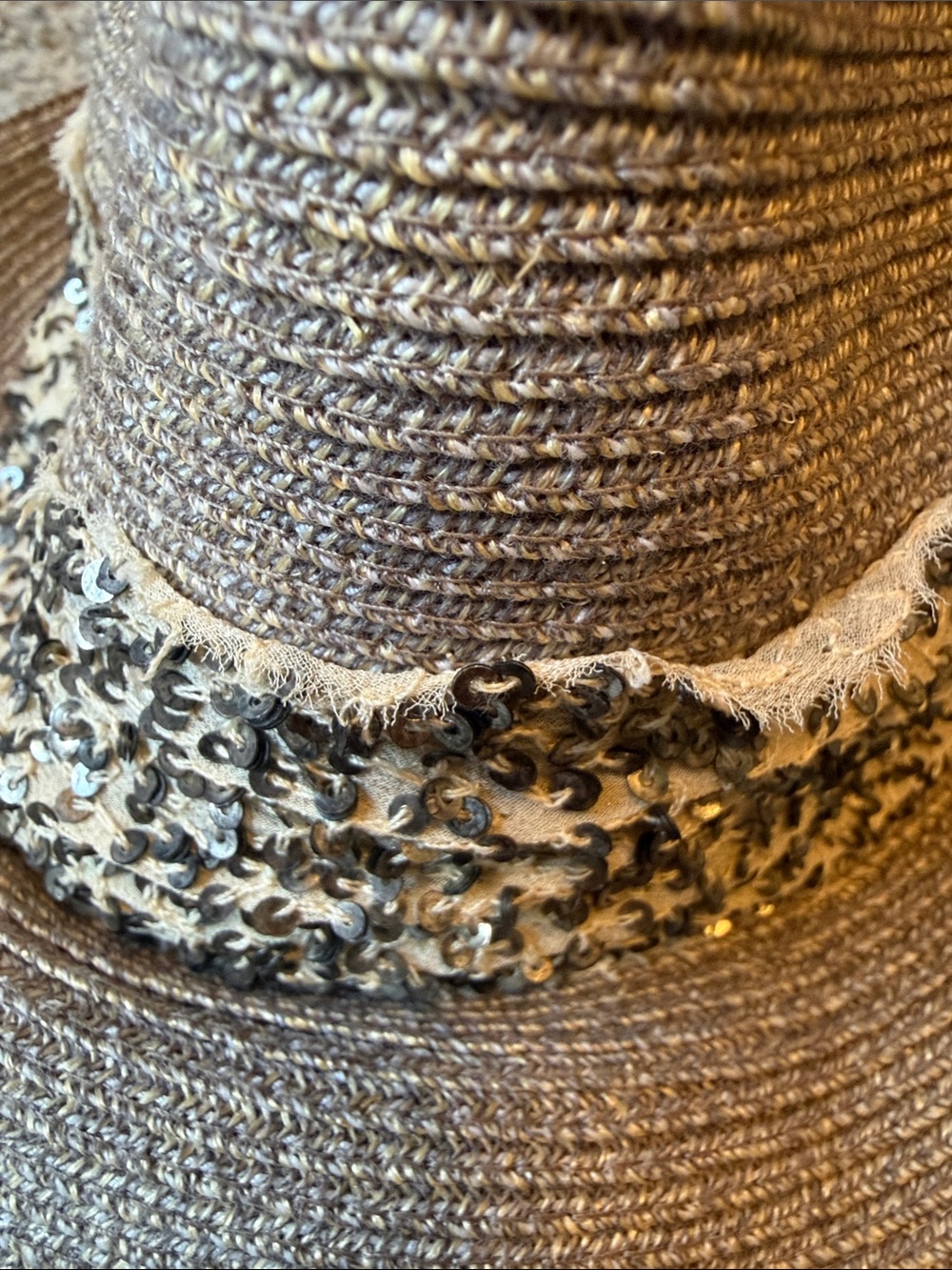Eugenia Kim Tan Straw Fedora with Patterned Sequin Band - Picture 3 of 5